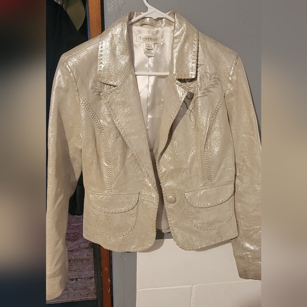 White House Black Market Metallic Cream Leather Blazer Jacket
